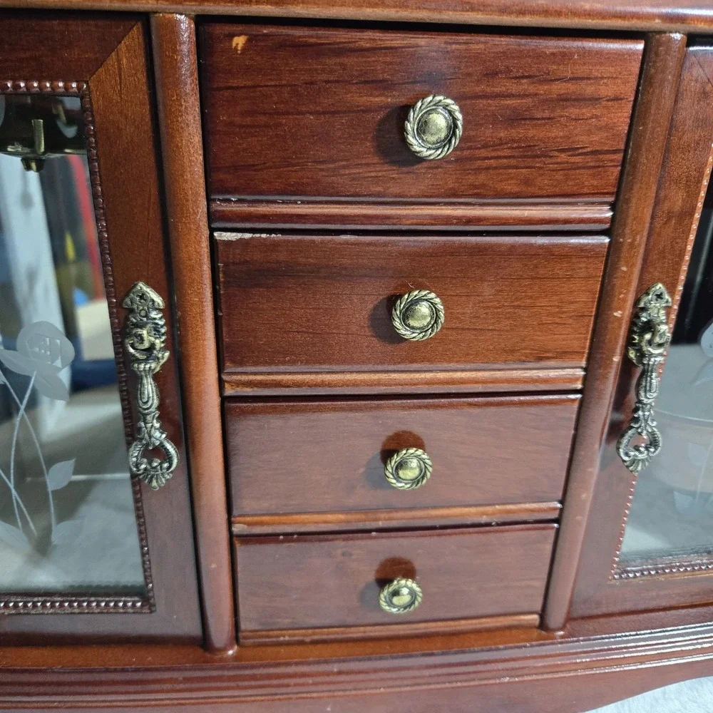 Armoire Jewelry Box With Double Doors and Mirrored Flip Top Vintage